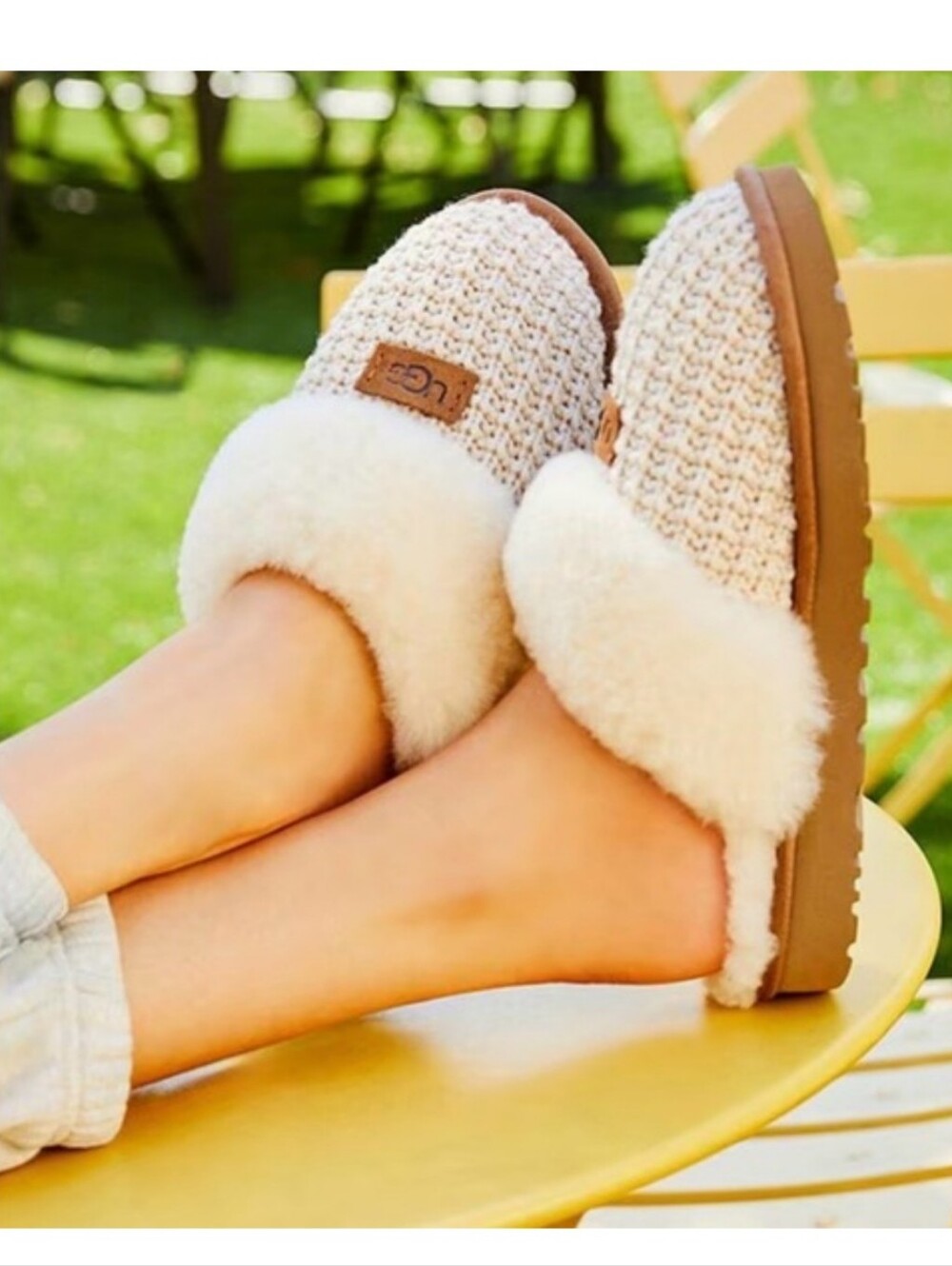 UGG Women's Cream Knit Shearling-Lined Slip-On Slippers Cozy Size 5